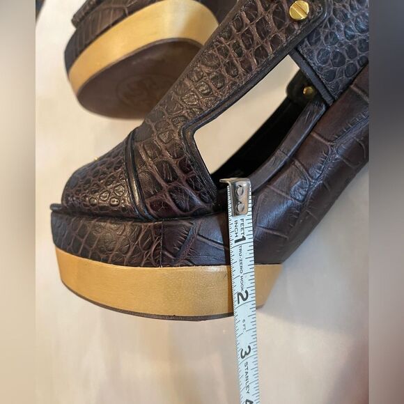 Tory Burch Monique Americana Brown Embossed Crocodile Peep Toe Sandals 10 M - Picture 8 of 9